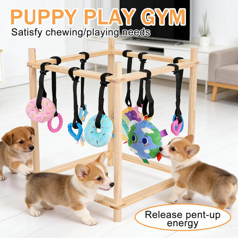 Sibosen 10 Wooden Puppy Play Gym with Hanging Toys for Small Dogs Indoor Jungle Playground Wood Frame with Interactive