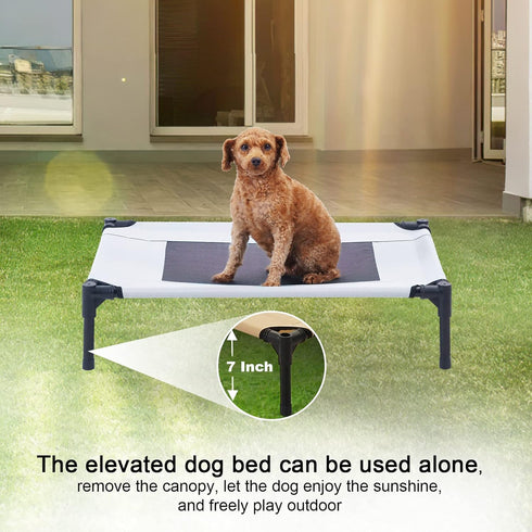 Outdoor Elevated Dog Cot with Canopy & Side Shade for Small Medium Dogs, Portable Cooling Raised Bed with Carry Bag