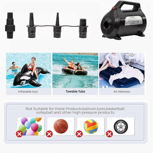 120V 5 ZOOMBROS Electric Air Pump for Inflatable Towable Tube/Boat/Air Mattress/Swim Ring/Pool Toy/Snorkel/Water Sports