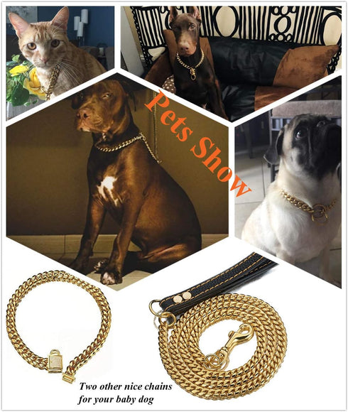 18K Gold Plated Dog Chain Collar, Stainless Steel Cuban Link Choke Collar for Dog's Training, Daily Use (15mm, 14'')