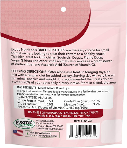 Exotic Nutrition Dried Rose HIPS (3 oz.) - Healthy Natural Treat for Small Pets like Chinchillas, Guinea Pigs, and More