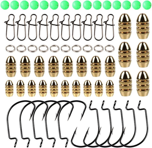 Sougayilang Fishing Sinkers Set with Brass Weights, Jig Hooks, Swivel Ring Connector in Plastic Box for Fishing