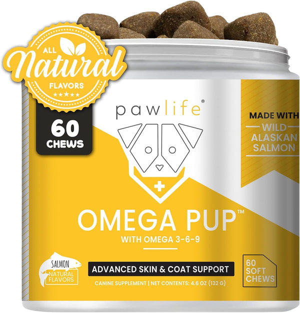 Dog Fish Oil Supplements, 60 Omega 3 Vitamins for Itching Relief, Natural Skin and Coat Supplement
