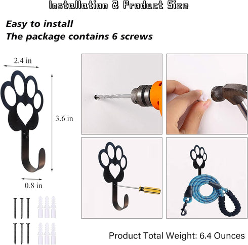 6 PCS Dog Paw Shaped Leash Hook for Wall, Metal Holder Wall Mounted Hanger for Coat Key Entryway Hallway