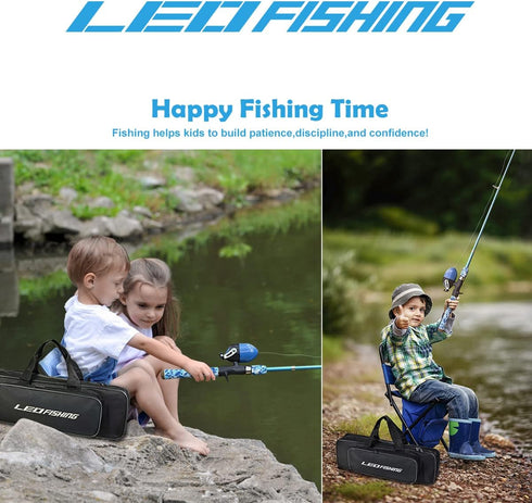 LEOFISHING Kids Fishing Pole Set, Portable Telescopic Rod, Spincast Reel, Fishing Net, Bucket for Youth