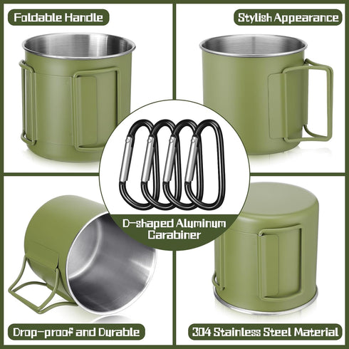 Zhehao 4 Pcs Camping Mugs, Stainless Steel Camping Cups with Folding Handles, Portable 12 oz for Outdoor Use