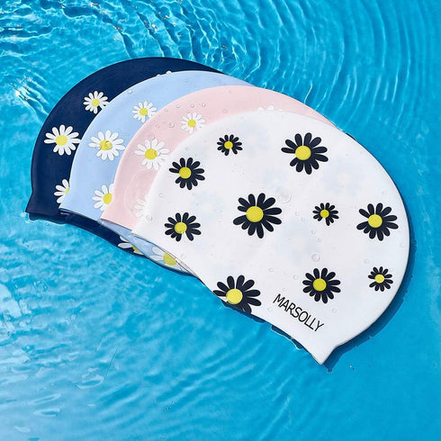 Silicone Swim Cap for Women, Waterproof Long Hair Swimming Cap with Flower Print
