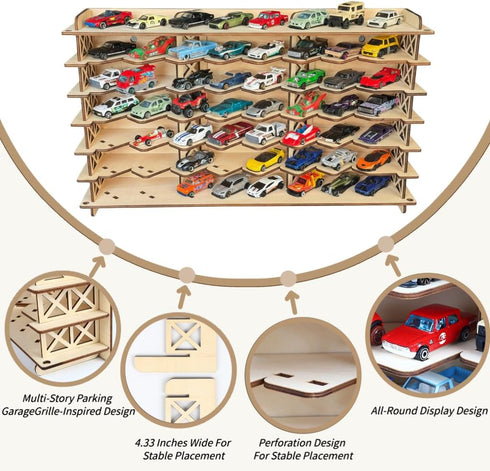 MUOUM 56 1/64 Wood Toy Car Display Rack, Holds Diecast Cars Model Car Display Case Scale Toy Cars Organizer
