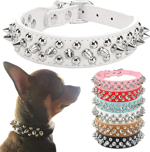 PETCARE Spiked Dog Collar, White Soft PU Leather, Adjustable Outdoor Collar for Small Medium Large Dogs