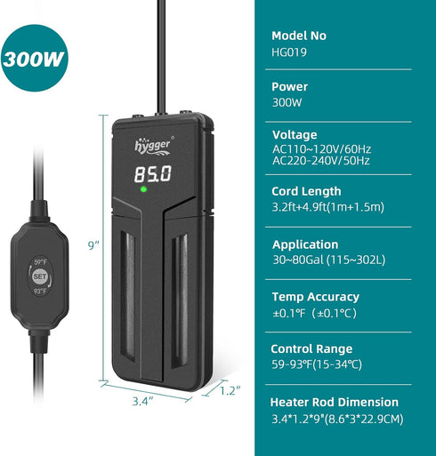 hygger 75W/150W/300W Aquarium Heater, Submersible Double Quartz Explosion-Proof for Freshwater & Saltwater