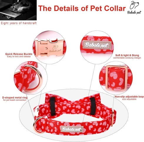 Valentine's Day Dog Collar with Bow Tie, Adjustable Pink Red Love Collar for Small Medium Large Boy & Girl Dogs, L-Neck