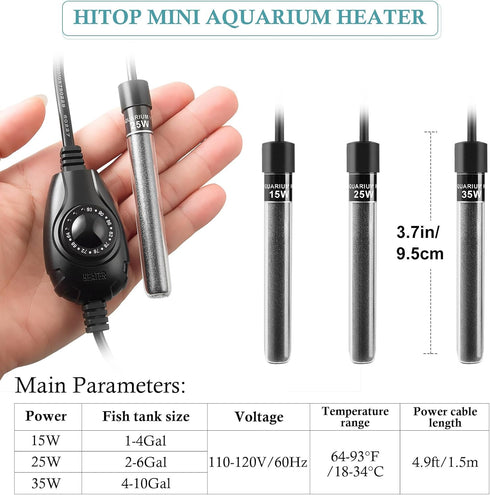 HITOP 25W Super Mini Aquarium Heater: Adjustable Heater for Small Fish Tank 2-6Gallons, with External Controller, Betta Heater for Fish Bowls (25W)