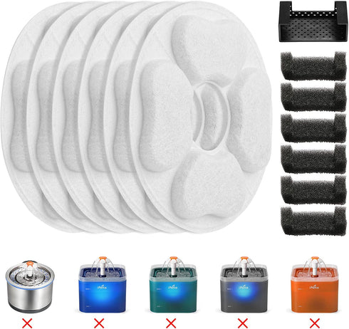 iPettie Only for Kamino Fountain Replacement Filters, 6 Filters, 6 Sponges & 1 Sponge Bracket