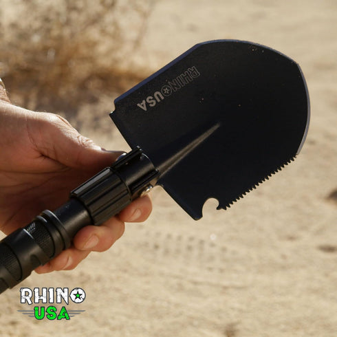 Rhino USA Survival Shovel with Pick - Heavy Duty Carbon Steel Entrenching Tool for Off Road, Camping, and Gardening