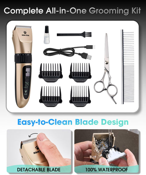 M&M STAR 2-Speed IPX7 Trimmer Dog Grooming Kit, Low Noise Dog Clippers, Waterproof, Rechargeable Cordless Pet Hair
