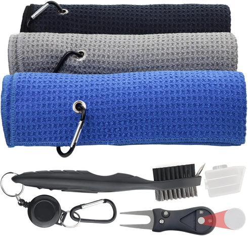 Golf Towel Set, 3 Microfiber Waffle Pattern Golf Towels & Club Cleaning Kit with Brush & Divot Repair Tool for Golf Bags