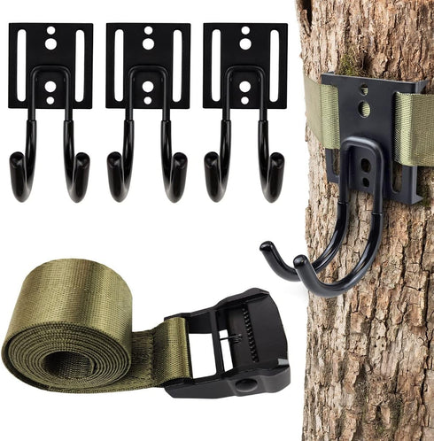 Tree Stand Gear Hanger, Comes with 3 Strong and Durable Double Tree Hooks for Hunting, Sturdy Thick Tie Down Straps,
