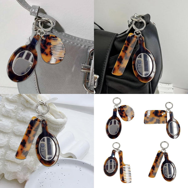 jiingekk Multifunctional Fashion Keychain Leopard Comb and Mirror Stylish Hair Care Keychain Creative Bag Pendant