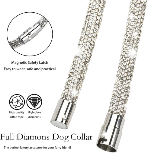 Elegance Full Diamond Dog Collar with Magnetic Secure Clasp, Dazzling Soft Necklace for Weddings and Daily Walks