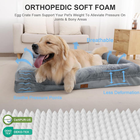 XL Dog Bed - Orthopedic Washable with Removable Cover - Grey Waterproof Extra Large Dog Bed