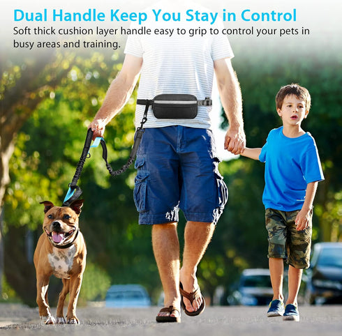 Hands Free Dog Running Leash with Zipper Pouch - Dual Handle, Elastic Bungees for Medium and Large Dogs