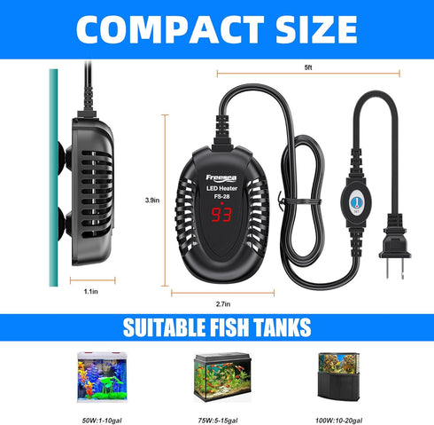 FREESEA 100W Aquarium Fish Tank Heater: Small Submersible Turtle Heater with Adjustable Temperature Controller for