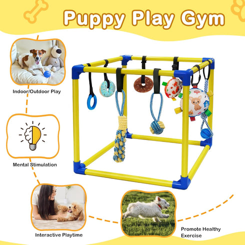 Bhyhok 8 Puppy Play Gym with Hanging Toys, Indoor Activity Gym for Small Dog with Enrichment Interactive Toy Adjustable