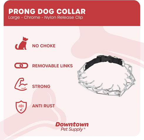 Downtown Pet Supply Chrome Plated/Nylon Prong Collar for Dogs, Large, Adjustable, No-Choke, No Pull