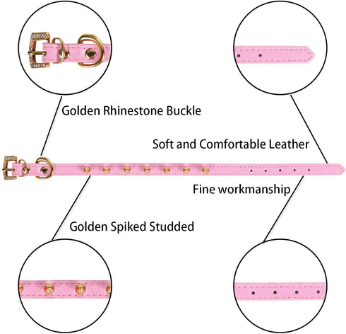 LOVPE One Row Golden Spiked Studded Leather Dog Collar - Cat Collar with Golden Rhinestone Buckle for Small Pets (Pink,
