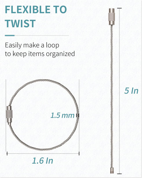 Pawfly 5 Inch/10 Inch Wire Keychain Cable, Large Stainless Steel Key Ring Loop Holder, 20/50/100 Pack