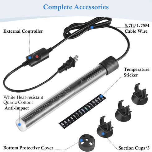 HITOP Thickened Glass Aquarium Heater: 50W 100W 300W Upgraded with Controller for Seawater/Fresh Water 5-65Gal