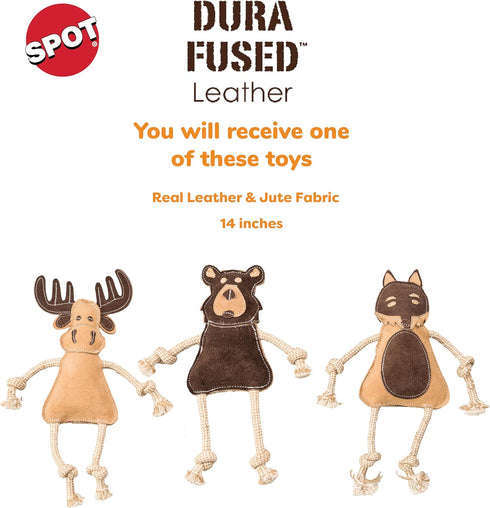 SPOT Dura-Fused Leather Forest Animals Dog Toy with Squeaker and Rope Limbs, 14in, Assorted Styles