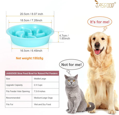 JASGOOD Slow Feeding Dog Bowl for Raised Pet Feeders, Blue Maze Food Water Bowl, Fit Opening 7.5"-8"