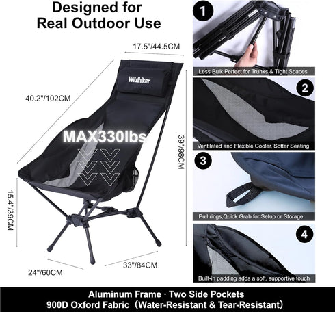 Backpacking, Wildhiker Portable Compact Folding Camping Chairs Lightweight High Back with Pillow, Deep Recline