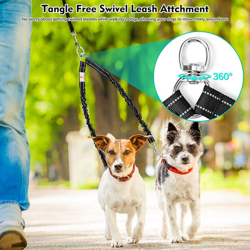 2 Dog Leash, Double Dog Leash Coupler, Tangle Free Bungee Leash, 360° Swivel, Comfortable Shock Absorbing