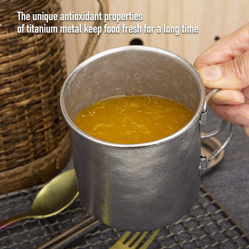 TiTo Titanium Cup with Lid, Ultralight Portable 450ml Foldable Handle Camping Tea Coffee Water Mug for Outdoor Use