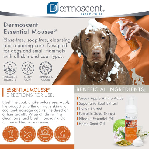 Dermoscent Essential Mousse 150ml Dry Shampoo for Dogs & Small Mammals, Rinse-Free Foam for Odour Control.