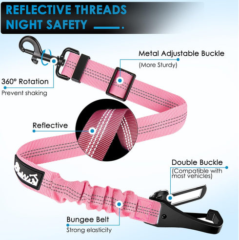 2 Pack Lukovee Dog Seatbelt Leash for Cars, Pet Safety Seat Belt with Adjustable Buckle & Reflective Bungee, Connect