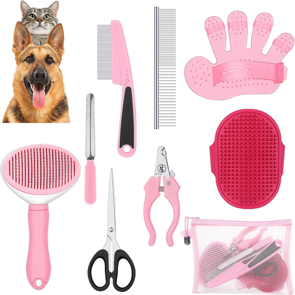 9 Pcs Dog Grooming Brush Kit, Self Cleaning Slicker, Cat Brush, Nail Clippers, Adjustable Strap Scissors (Fresh Color)