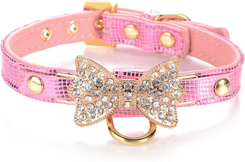 LOVPE Gold Bling Diamond Glitter Leather Fashion Collar, XS Pink for Small Dogs, Cats, Puppies, Walking Travel Gifts