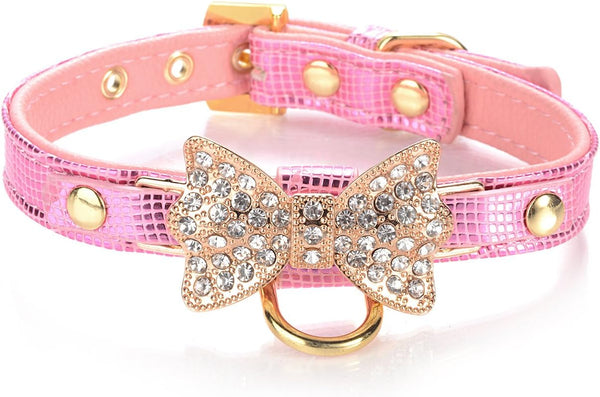 LOVPE Gold Bling Diamond Glitter Leather Fashion Collar with Ring for Small Dogs, Cats, and Puppies (S, Pink)