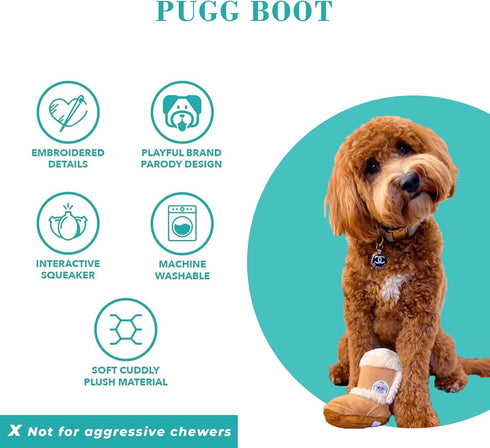 Haute Diggity Dog Pugg Boot, Plush Designer Dog Toys with Interactive Squeaker, Machine-Washable, One Size