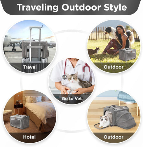 Expandable Grey Cat Carrier - Small Dog Bag for Traveling, Bunny Rabbit Purse, TSA Airline Approved