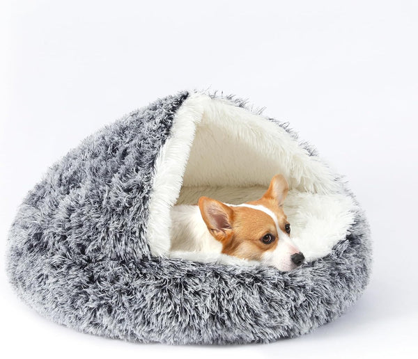 Round Hooded Dog Bed - Plush Cat Cave Self Warming Fluffy Pet Bed for Puppy and Kitty, Anti-Anxiety Donut Design