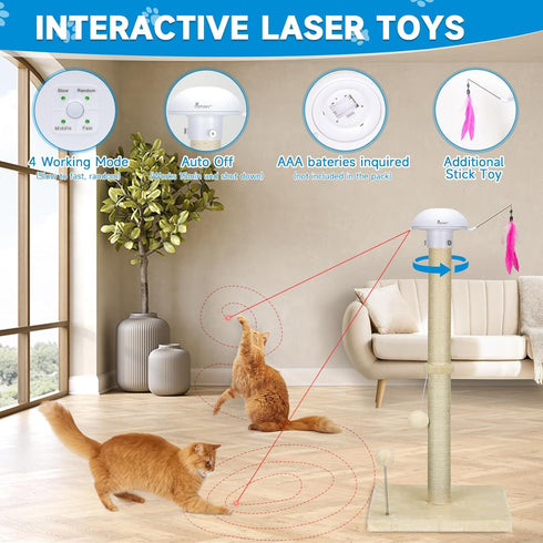 Cat Scratching Posts Sisal Scratch Posts with Hanging Ball for Indoor Cats Claw Scratcher (34 inches with Top Toy, Beige)