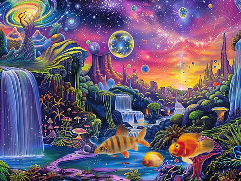 Aquarium Background with Galaxy Space Planet Design - Waterfall Landscape Tapestry for Fish Tank Decor