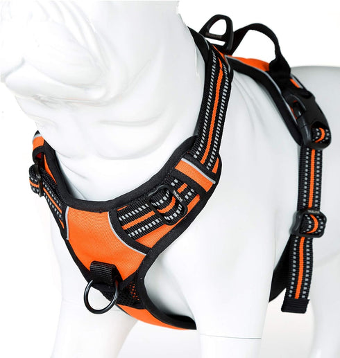 Soft Front Dog Harness, Best Reflective No Pull Harness with Handle and 2 Leash Attachments in Orange