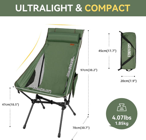 440 lbs, Backpacking Backpacking TOBTOS Portable High Back Camping Chair, Support Ultralight Folding Chair with Head