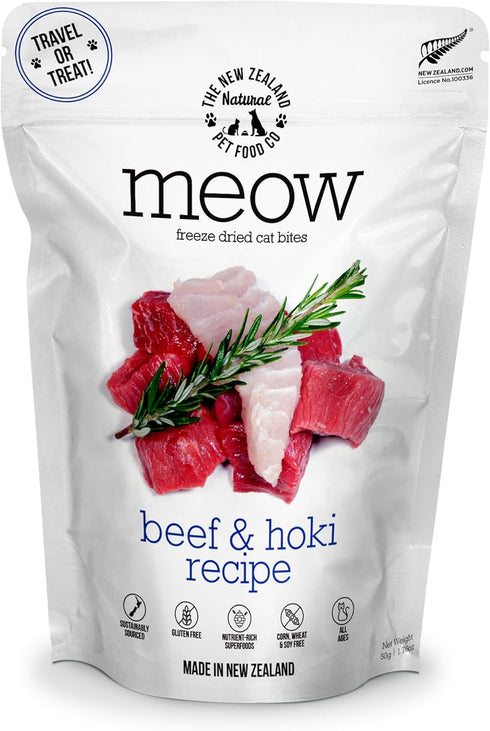 Meow Beef & Hoki Freeze Dried Raw Cat Food, High Protein Mixer, Topper, or Treat, Limited Ingredient Recipe (1.7 oz)