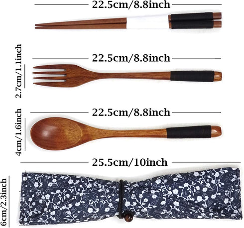 Honbay 3PCS Japanese Style Eco-Friendly Wooden Flatware Set with a Retro Cloth Pouch for Travel, Picnic, Camping or Just for Daily Use -Spoon, Fork, Chopsticks by Honbay